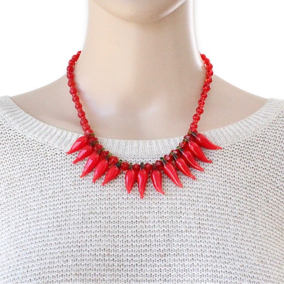 Blown Glass Red Chili Pepper Beaded Necklace Red Beads Handmade Art Glass - Picture 1 of 4